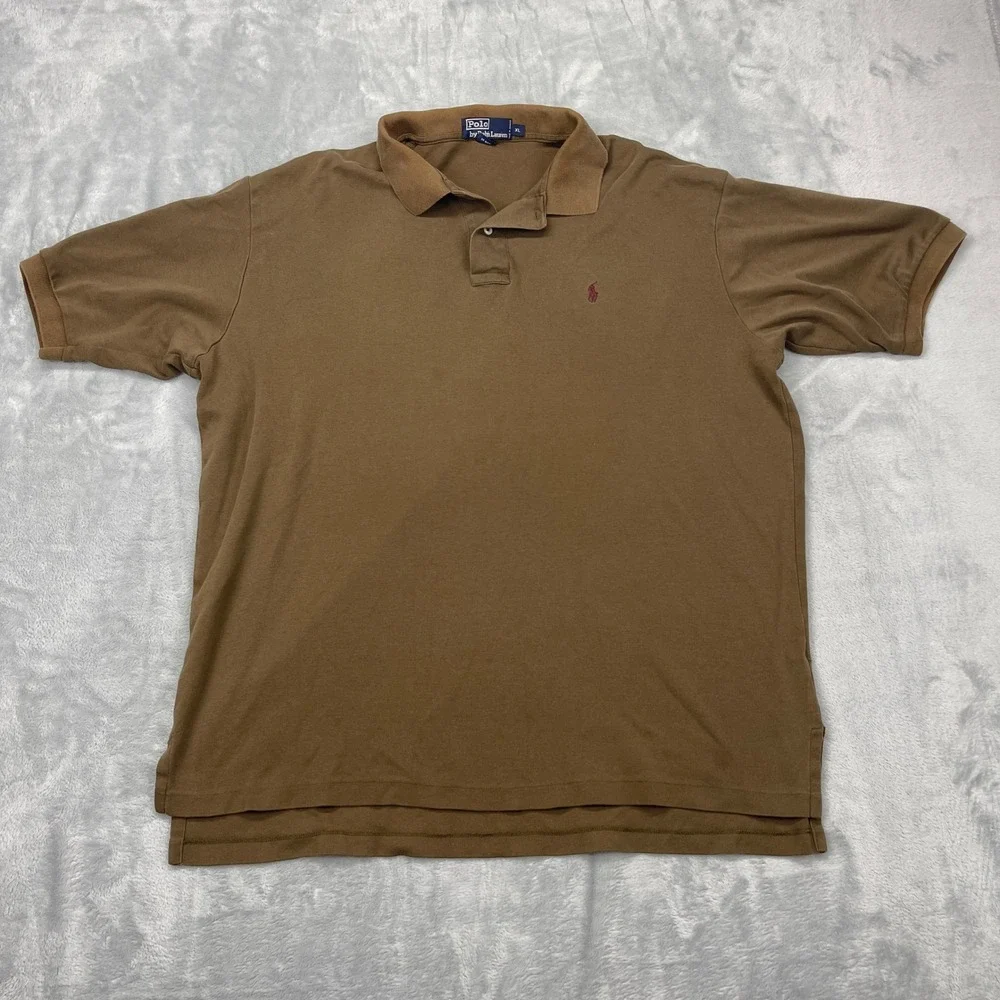 Polo Ralph Lauren Polo Shirt Mens XL Brown Short‎ Sleeve High Low Slit Pony Logo